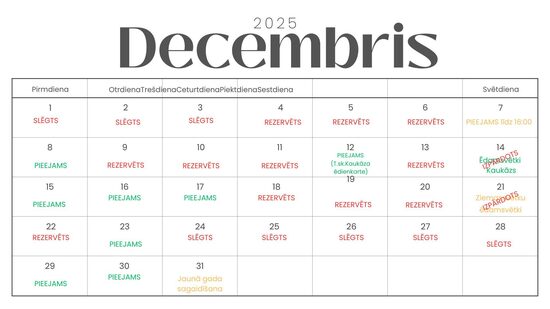 Pieejamie datumi Jūsu pasākumam decembrī